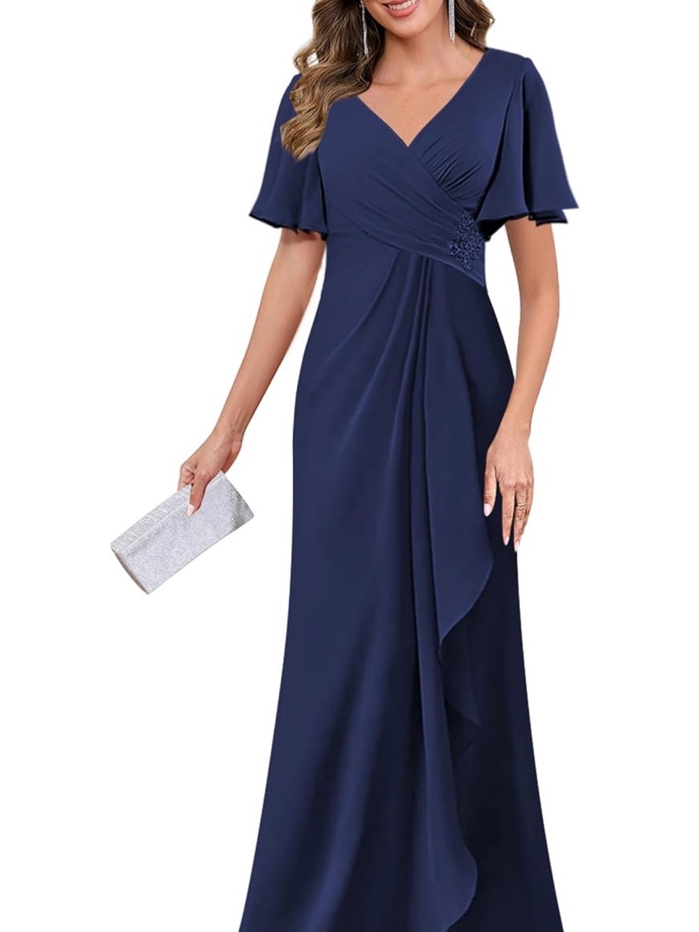 Navy V-Neck Flutter Sleeve Evening Gown